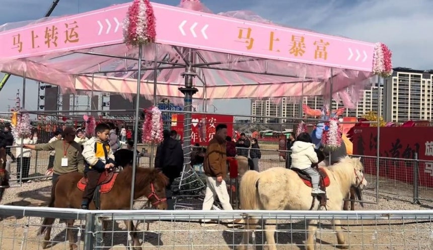 中国で物議を醸した、生きた馬を使った回転木馬。［抖音（ドウイン） キャプチャー］