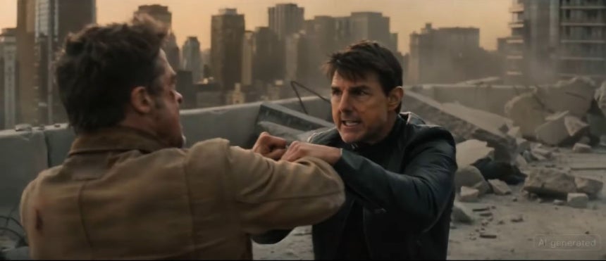 11日（現地時間）、映画監督のルアイリ・ロビンソンが「Seedance（シーダンス）2.0」を活用して制作した15秒の映像を自身のX（旧ツイッター）に投稿した。廃墟の屋上でトム・クルーズ（右）とブラッド・ピットに似た2人の人物が戦う場面。［X　キャプチャー］