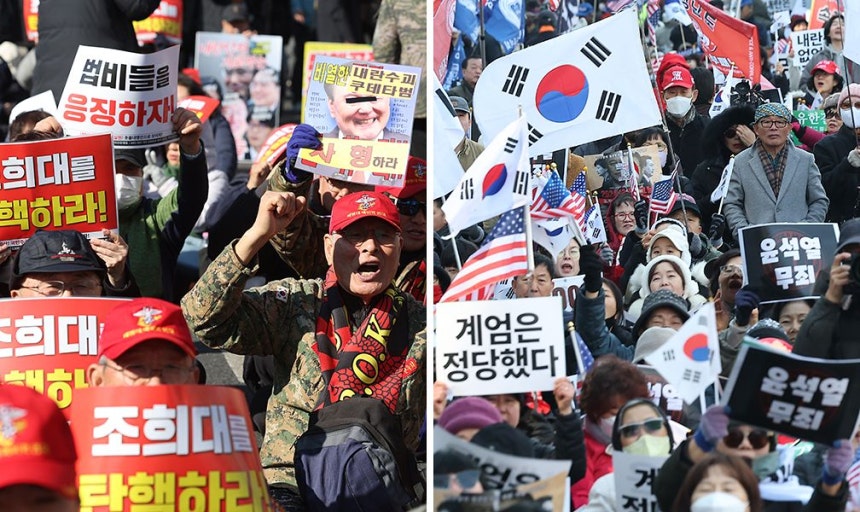 19日、内乱首謀容疑の第1審宣告公判が開かれたソウル中央地方法院（地裁）前で、尹錫悦（ユン・ソクヨル）前大統領の有罪を求める集会（左側の写真）と支持集会が開かれた。聯合ニュース 