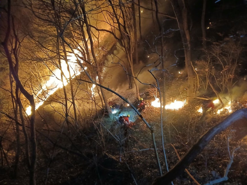 慶尚南道咸陽郡（キョンサンナムド・ハミャングン）の山火事3日目を迎えた23日未明、同郡馬川面（マチョンミョン）一帯で山林当局が消火活動にあたっている。［写真 ニュース1］