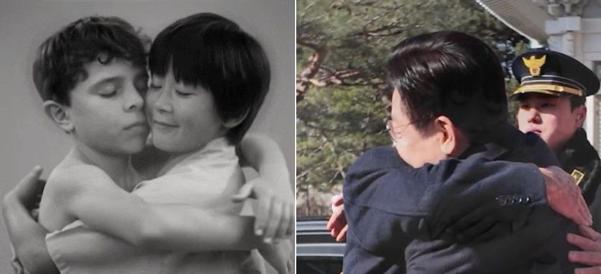   AI映像のなかで李在明大統領とブラジル大統領が抱擁する姿。［写真 李在明大統領のX キャプチャー］ 