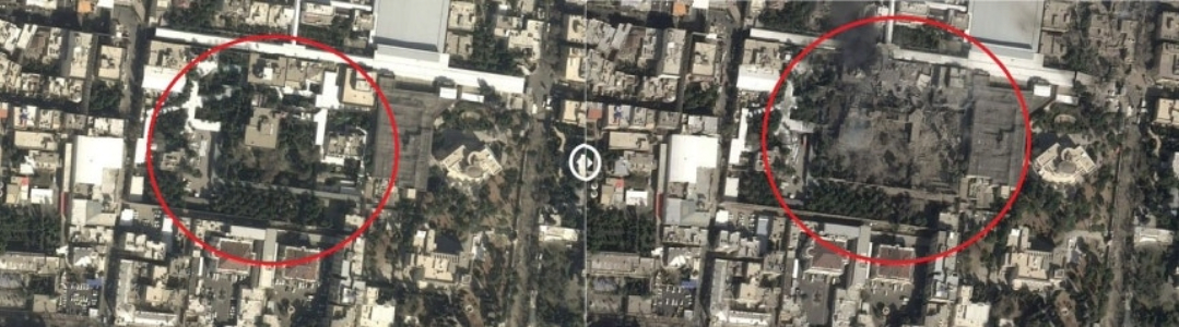 2月28日（現地時間）、ハメネイ師の居所を撮影した衛星写真（左）。空爆後（右）、居所は完全に破壊された。 ［写真 CNNキャプチャー］