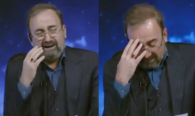 イラン国営放送のキャスターが、最高指導者アヤトラ・アリ・ハメネイ師の死亡を伝えながら嗚咽している。［写真 イラン国営放送IRIB キャプチャー］