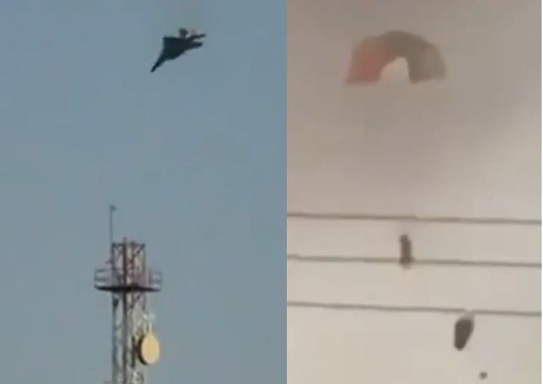 2日（現地時間）、クウェート国内の米軍基地上空で戦闘機が墜落する様子を捉えた映像（左）と、墜落した戦闘機からパラシュートで緊急脱出する様子。［CNN　キャプチャー］