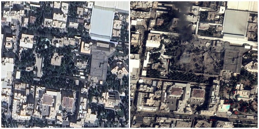 米国とイスラエルが先月28日にイラン空爆を断行し最高指導者ハメネイ師を除去した。イランもハメネイ師がこの日テヘランの官邸執務室（写真右）で空爆を受け死亡したと正式に発表した。写真左は25年6月の様相。［写真 グーグルアース、Airbus］