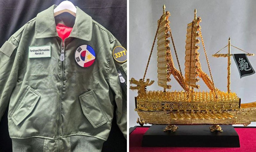韓国の李在明（イ・ジェミョン）大統領がフィリピンのマルコス大統領に贈呈したフライトジャケットと亀甲船の模型。［写真 青瓦台］ 