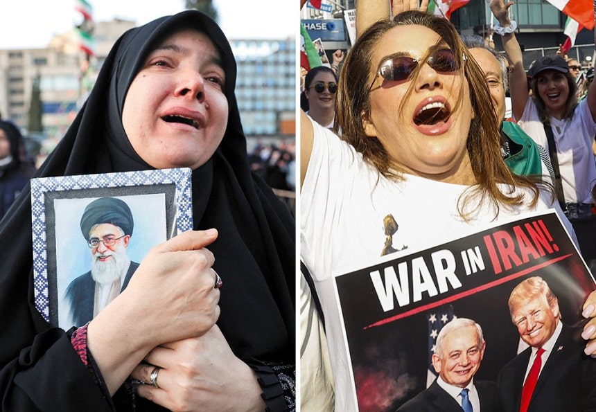 イランの首都テヘランである女性が、米国・イスラエルの攻撃で死亡したイランの最高指導者ハメネイ師の写真を持って泣いている。右の写真は前日、米国で対イラン攻撃を歓迎するデモ隊。 ［ロイター＝聯合ニュース］