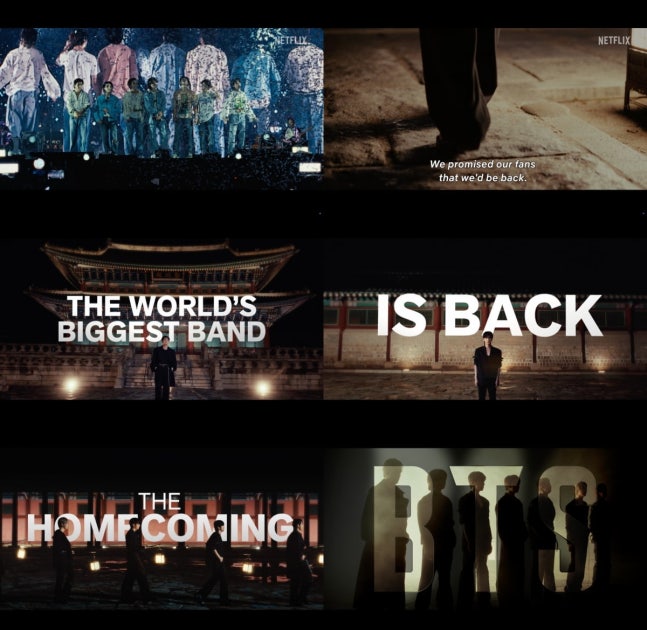  BTSカムバックライブ公演『BTS THE COMEBACK LIVE | ARIRANG』の予告動画の各シーン。［写真 Netflix］