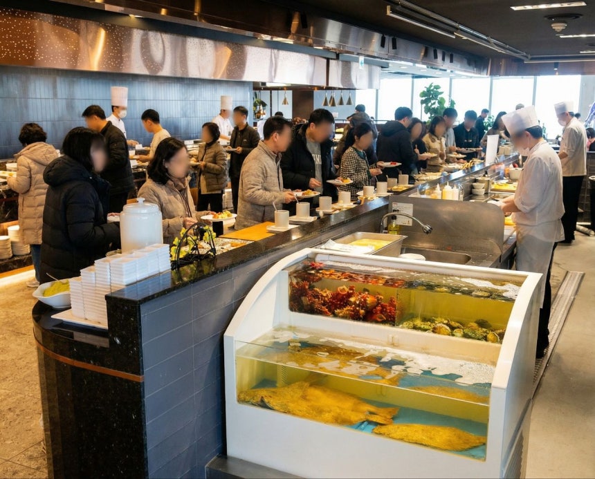  シーフードビュッフェのマキノ茶屋は店内の水槽で管理した活魚をさばいて刺身や寿司などにして提供する。写真はマキノ茶屋ブラック31蚕室ロッテタワー店全景。［写真 マキノ茶屋］