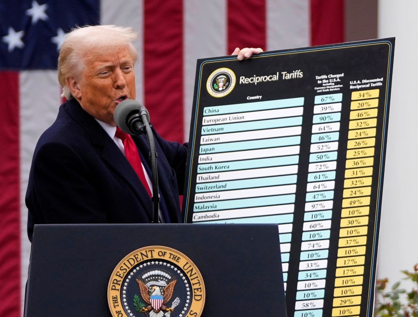 米国のドナルド・トランプ大統領が2025年4月2日、ホワイトハウスで全世界を対象とした相互関税の図表を掲げている。AP＝聯合ニュース 