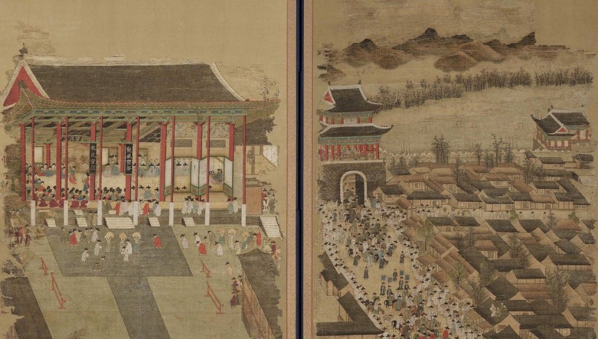 国外所在文化遺産財団は、海外の主要な博物館や美術館にある韓国絵画24点を集めた図録『IT’S ____ HERE：国外で輝く韓国の古画』を発刊したと11日、明らかにした。写真は米国ピーボディー・エセックス博物館所蔵の『安監司道科及第者歓迎図』の一部。［写真 国外所在文化遺産財団］