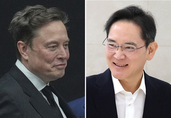 テスラのイーロン・マスク最高経営責任者（CEO、左）とサムスン電子の李在鎔（イ・ジェヨン）会長。［AP＝聯合ニュース、ニュース1］