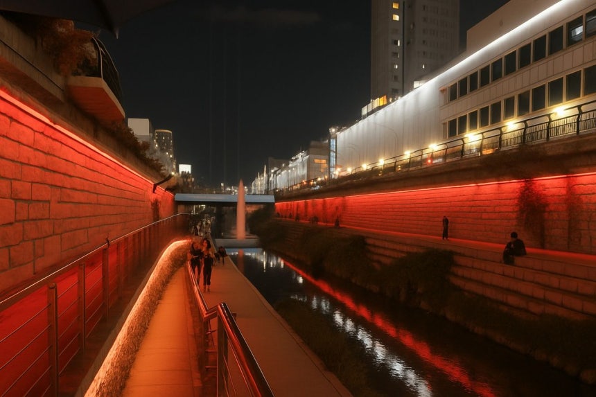 4月6日から19日まで、清渓川（チョンゲチョン）の五間水橋（オガンスギョ）～ポドゥル橋の約500メートル区間は、BTS（防弾少年団）の象徴を活用した「アリラン・ライトワーク」で彩られる。［写真 ソウル市］