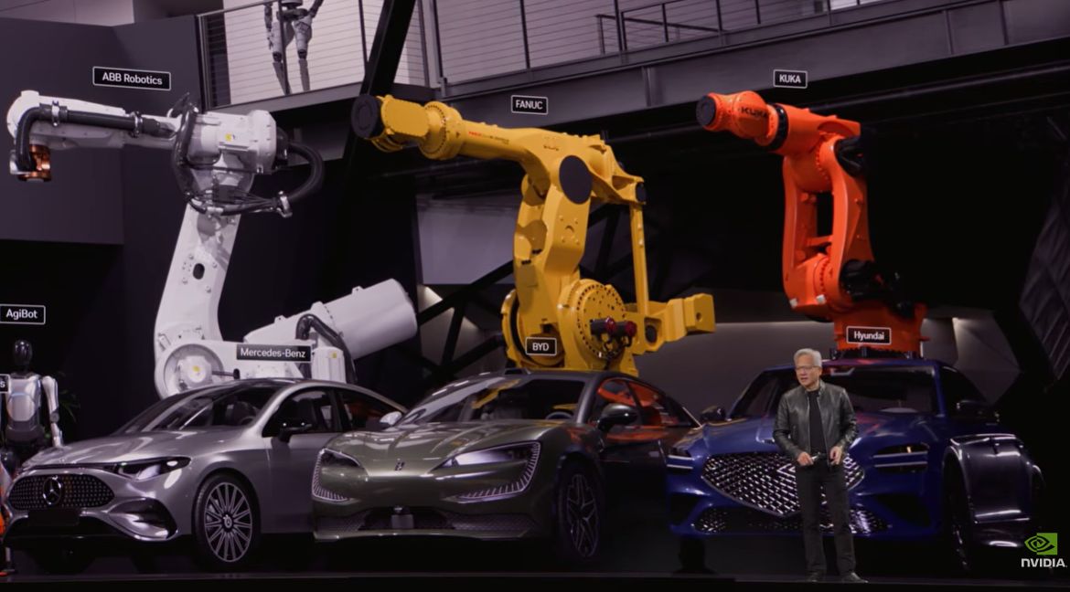 16日に米サンノゼで開かれたエヌビディアの年次開発者カンファレンス「GTC2026」でエヌビディアのジェンスン・フアン最高経営責任者（CEO）が現代自動車など自動車メーカーとの協力を発表している。［ユーチューブ キャプチャー］