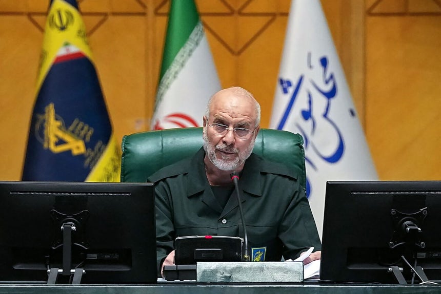  2月1日（現地時間）、イラン・テヘランで開かれた会議に出席したモハマド・バーゲル・カリバフ国会議長。AFP＝聯合ニュース