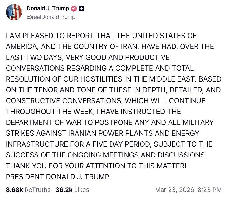 トランプ米大統領は23日（現地時間）、SNSで「イランの発電所およびエネルギー基盤施設に対するすべての軍事攻撃を5日間延期するよう指示した」と明らかにした。 ［トゥルース・ソーシャル キャプチャー］
