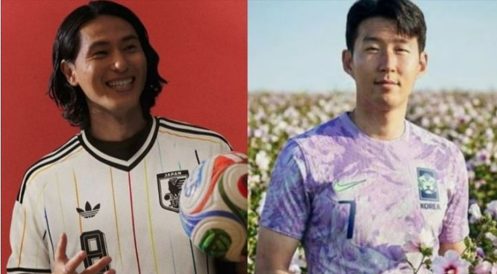 日本サッカー代表の新しいアウェイユニフォームを着用した南野拓実選手。右側は、インターネット上で孫興慜（ソン・フンミン）選手がユニフォームを着用し、ムクゲを手にしている合成写真。［写真 アディダスジャパン、インターネットコミュニティ］