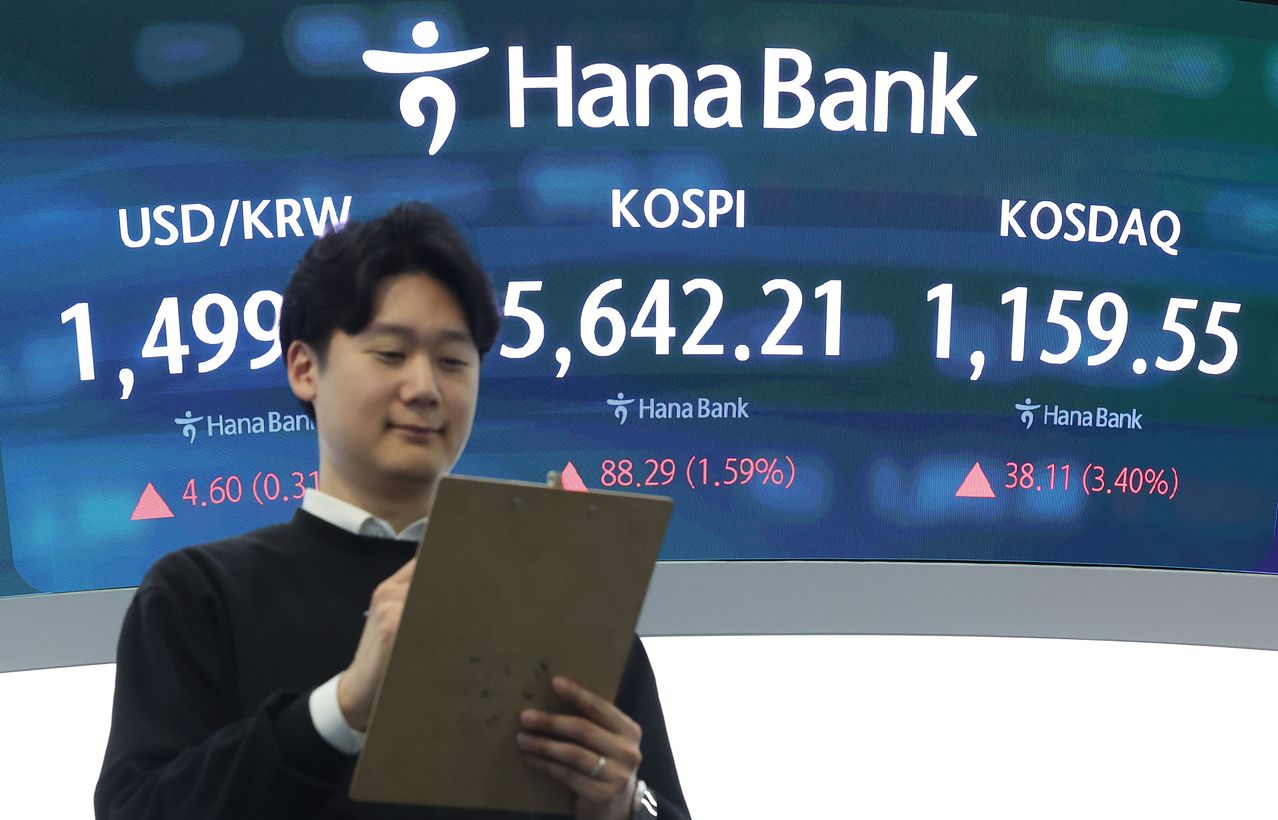 25日、ソウルのハナ銀行本店ディーリングルームのモニターに終値が表示されている。この日のKOSPIは前日終値より1．59％上がった5642．21、KOSDAQは3．40％上がった1,159．55で取引を終えた。［写真 ニュース1］