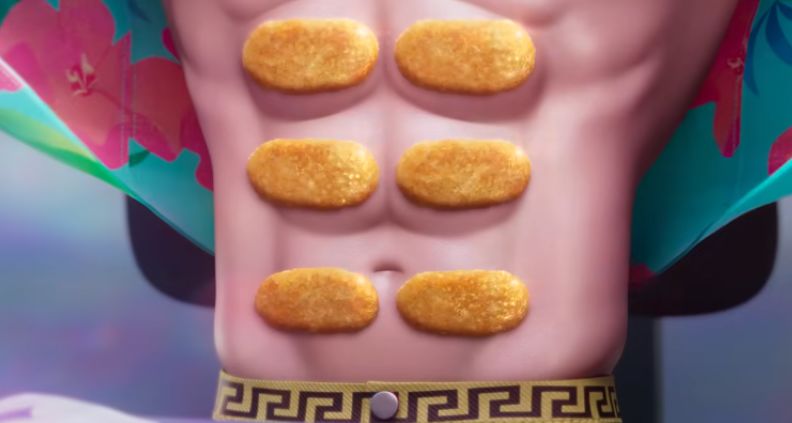   『ケデハン』キャラクターの腹筋がハッシュブラウンに変わる場面。［ユーチューブ］