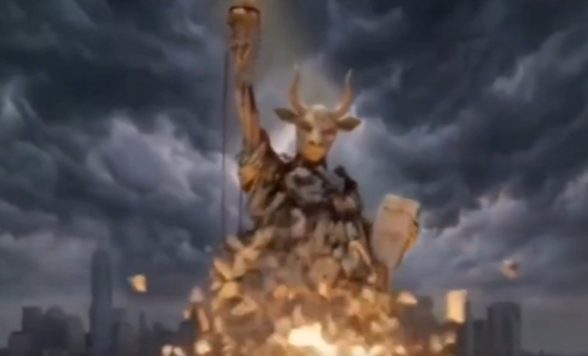 イランが公開した「牛の頭をした自由の女神像」攻撃動画。［写真 SNS］