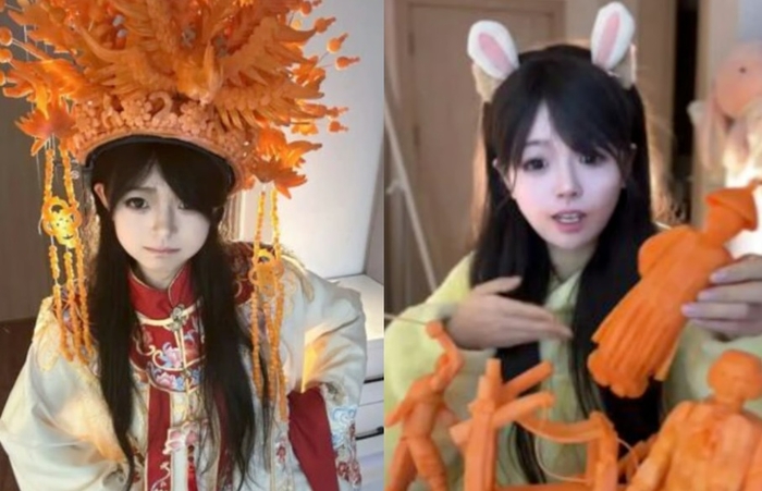 中国の20代の女性が特別な道具を使用せず歯だけで精巧な「ニンジン彫刻作品」を制作し、話題になっている。［写真 SCMP］