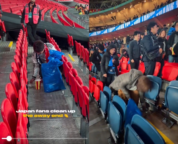  英ウェンブリースタジアムで清掃する日本サッカーファン ［写真 ウェンブリースタジアムsns］