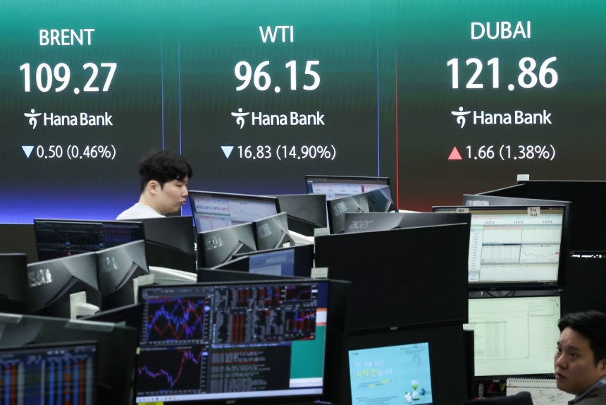 米国とイランの2週間の停戦が伝えられ8日の韓国総合株価指数（KOSPI）は前日より7％近く上昇した5872．34で引けた。国際原油価格も急落傾向を見せ5月引き渡し分ウエスト・テキサス・インターミディエート（WTI）先物価格が100ドルを割り込んだ。［［写真 ニュース1］］