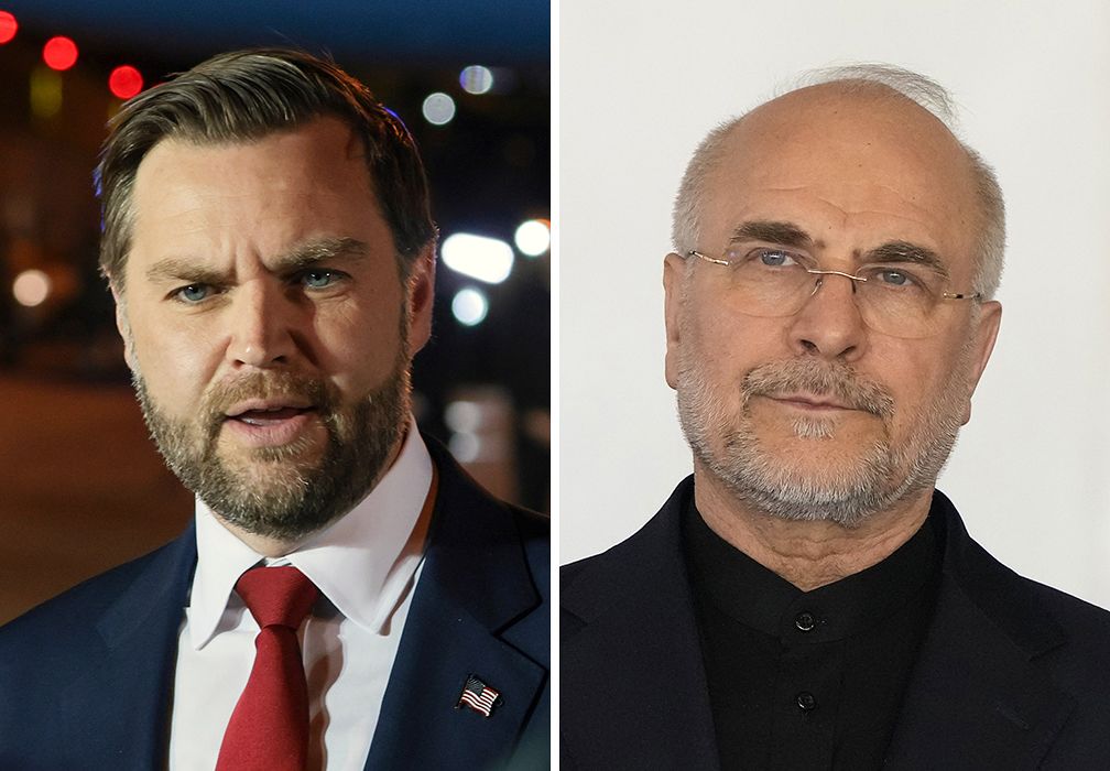 米国のJ・D・バンス副大統領（左）とイランのモハンマド・バーゲル・ガリバフ国会議長。