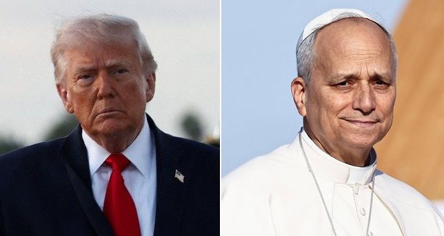 ドナルド・トランプ米国大統領（左）とレオ14世教皇。ロイター＝聯合ニュース