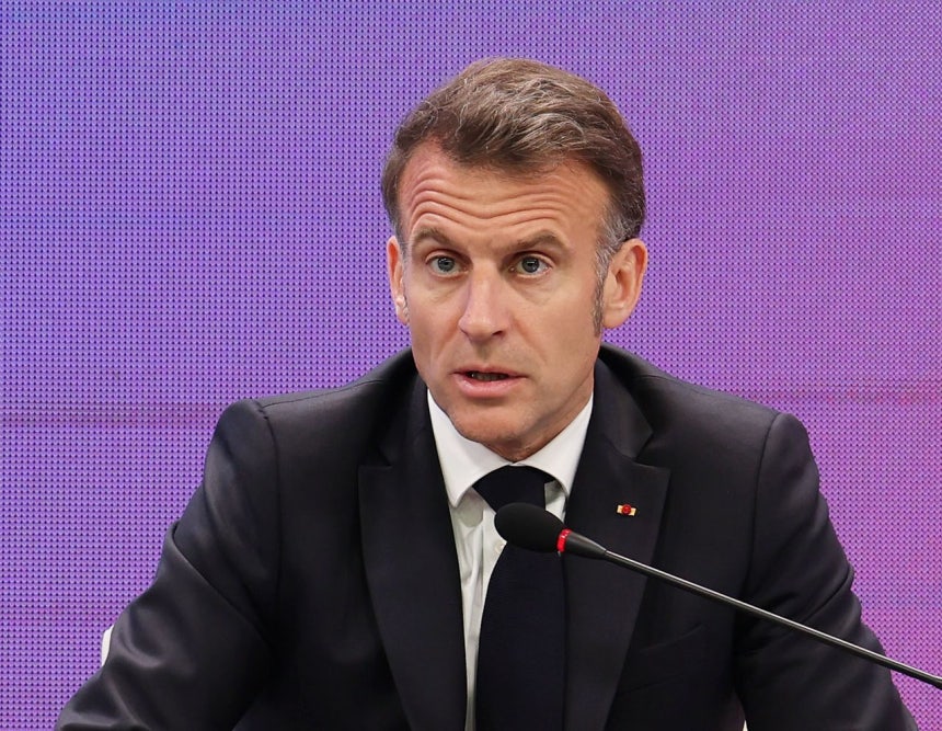 フランスのエマニュエル・マクロン大統領が3日、ソウル汝矣島（ヨイド）FKIカンファレンスセンターで開かれた第3次韓仏経済界未来対話閉会式で発言している。ニュース1