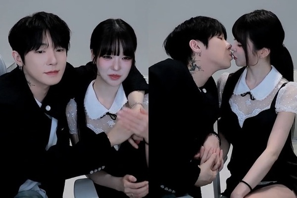 公開恋愛を発表したケイ（左）と果汁セヨン（右）。［写真 「Soop」ライブ放送キャプチャー］