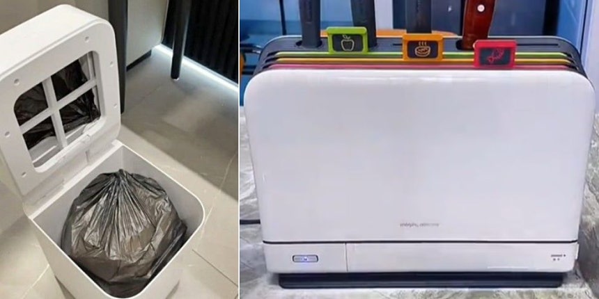 自動密封機能があるスマートごみ箱（左）とキッチン用品殺菌器。［写真 デイリー・メール キャプチャー］