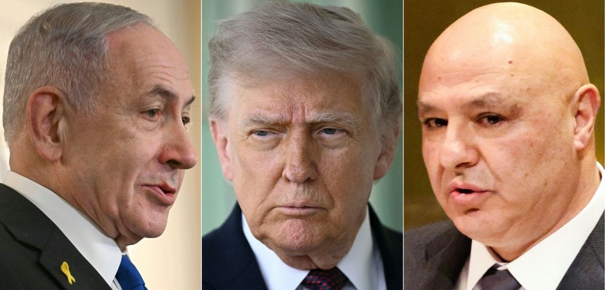 左からイスラエルのベンヤミン・ネタニヤフ首相、米国のドナルド・トランプ大統領、レバノンのジョセフ・アウン大統領。AFP＝聯合ニュース