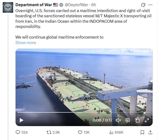 米国防総省は23日（現地時間）、X（旧ツイッター）を通じてインド洋でイラン産原油を載せて航海していたタンカーを拿捕した事実を明らかにし、関連映像を公開した。［米国防総省 X］