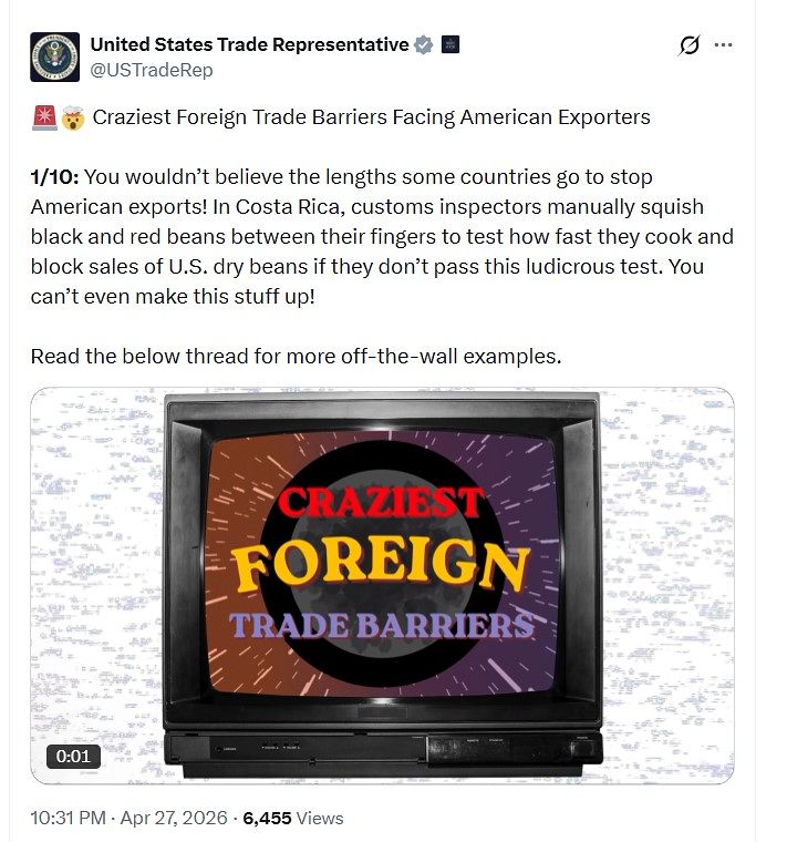 米通商代表部（USTR）は27日（現地時間）、韓国のネットワーク使用料を外国の代表的な非関税障壁に該当する10項目の一つとする内容をX（旧ツイッター）の公式アカウントに載せた。 ［USTRのX］