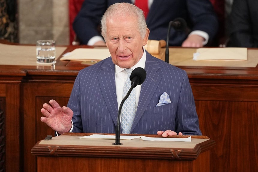 英国のチャールズ3世国王が28日（現地時間）、米ワシントンDCの連邦議会議事堂で行われた上下両院合同会議で演説している。［AP＝聯合ニュース］