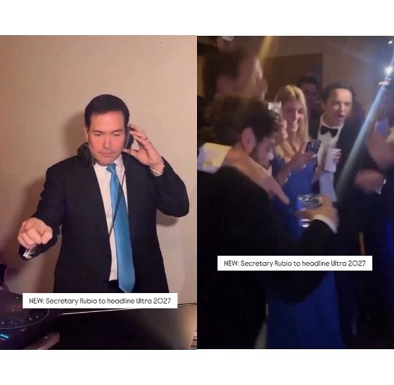  結婚式場でDJを務めたルビオ長官と彼のDJ姿に歓呼する人々の姿。［X キャプチャー］