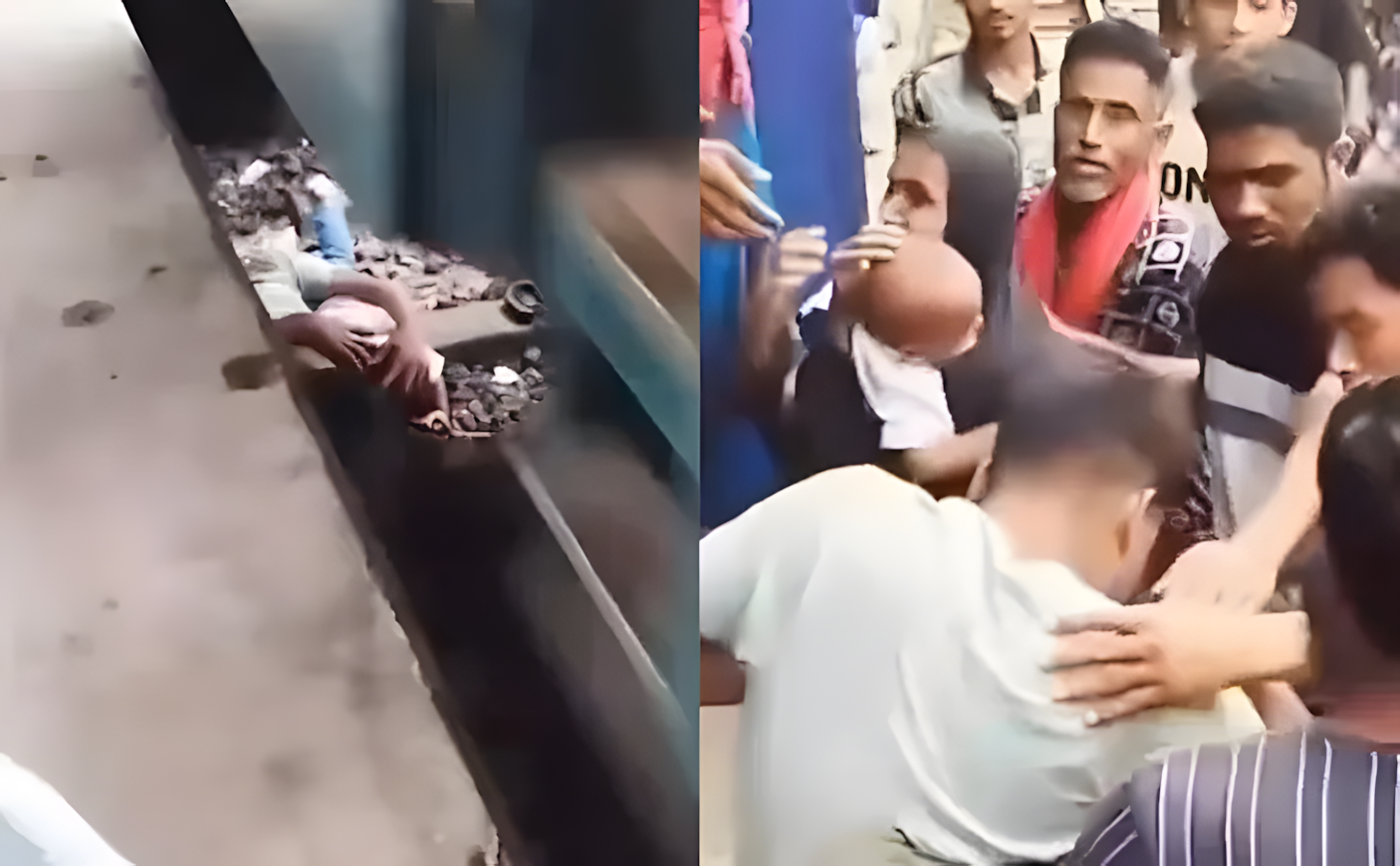 バングラデシュのある鉄道駅で、一人の男性が線路に落ちた1歳の息子を救おうと身を投げ出した。［SNS キャプチャー］