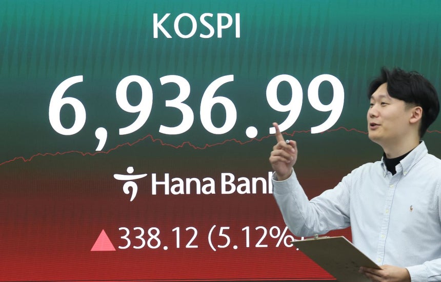 KOSPIが5％以上急騰し初めて6900を突破した4日、ソウルのハナ銀行ディーリングルームのモニターにKOSPI指数が表示されている。［写真 ニュース1］