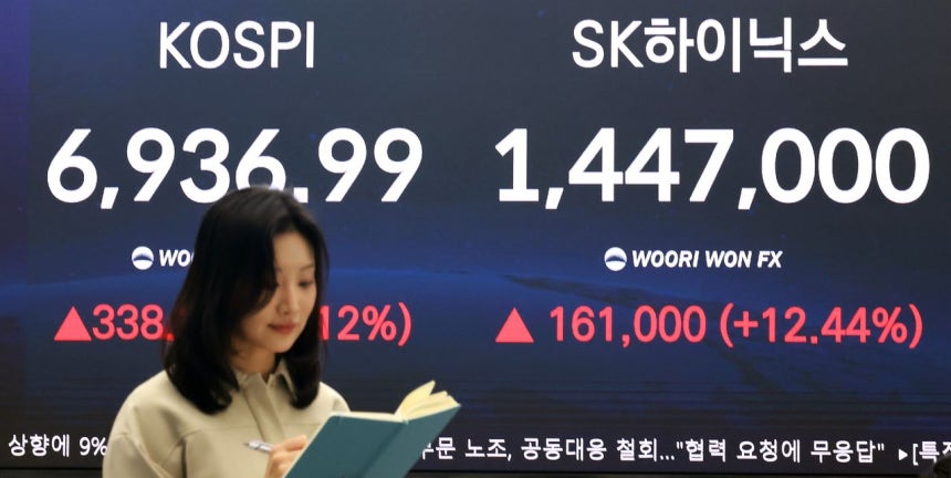 SPIが終値基準で過去最高を更新した4日、ソウルのウリィ銀行本店ディーリングルームのモニターにSKハイニックスの終値が12．44％上がった144万7000ウォンと表示されている。この日KOSPIは前営業日比5．12％上昇の6936．99、KOSDAQは1．19％上昇の1213．74で取引を終えた。［写真 ニュース1］