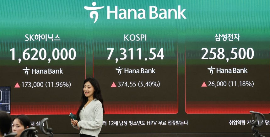 KOSPIが初めて7000ポイントを超えた6日、ソウルのハナ銀行ディーリングルームのモニターにKOSPIとハイニックス、サムスン電子の株価が表示されている。キム・ギョンロク記者