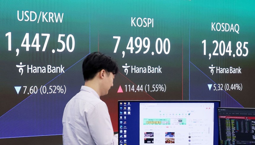 韓国総合株価指数（KOSPI）が7000ラインを突破し、上昇の流れを続けた7日午前、ソウル中区（チュング）のハナ銀行ディーリングルームの株価ボードに市況が表示されている。この日、KOSPIは前営業日比114．51ポイント（1．55％）高い7499．07、KOSDAQは0．66ポイント（0．05％）上昇した1210．85で取引を開始した。ソウル外国為替市場における対ドルのウォン相場は前日比6．5ウォンのウォン高ドル安の1ドル＝1448．6ウォンで取引を開始した。ニュース1