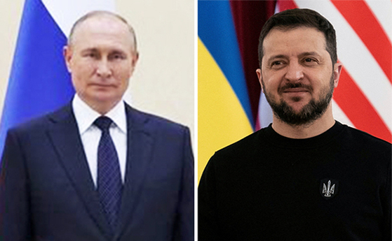 ロシアのウラジーミル・プーチン大統領（左）とウクライナのウォロディミル・ゼレンスキー大統領（右）。