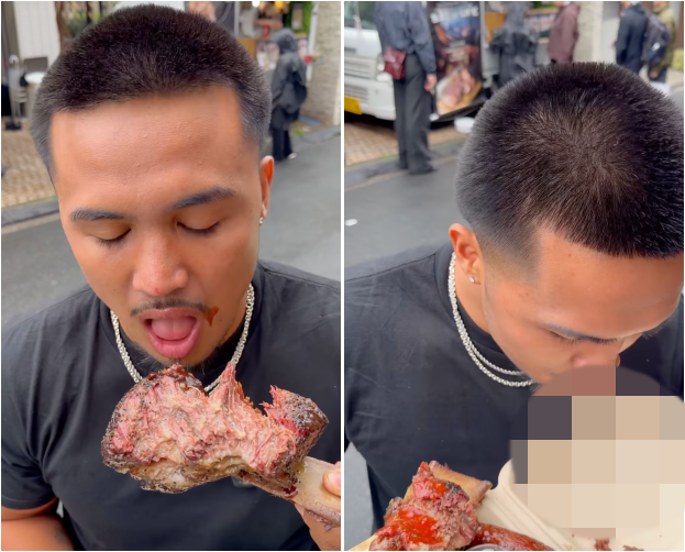  日本で和牛を食べて吐き出す有名ティックトッカー。［SNS キャプチャー］