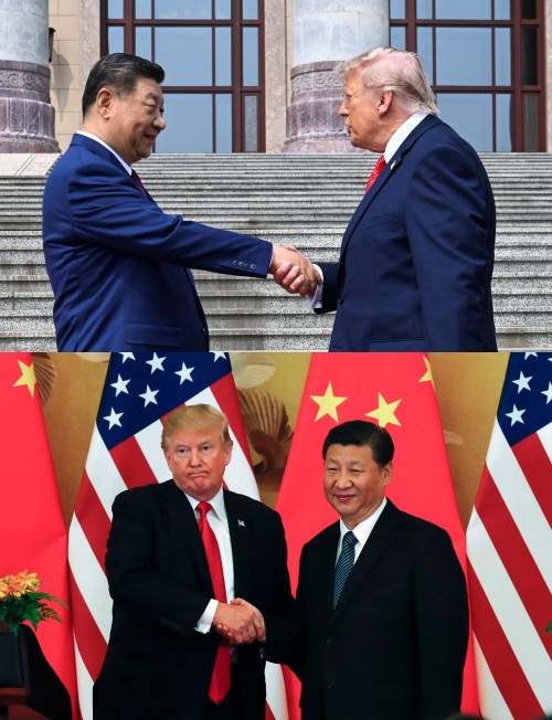   14日、中国・北京の人民大会堂での歓迎行事で、習近平中国国家主席と握手しているドナルド・トランプ米国大統領（上の写真）と、2017年の米中首脳会談当時の様子（下の写真）。AP・ロイター＝聯合ニュース