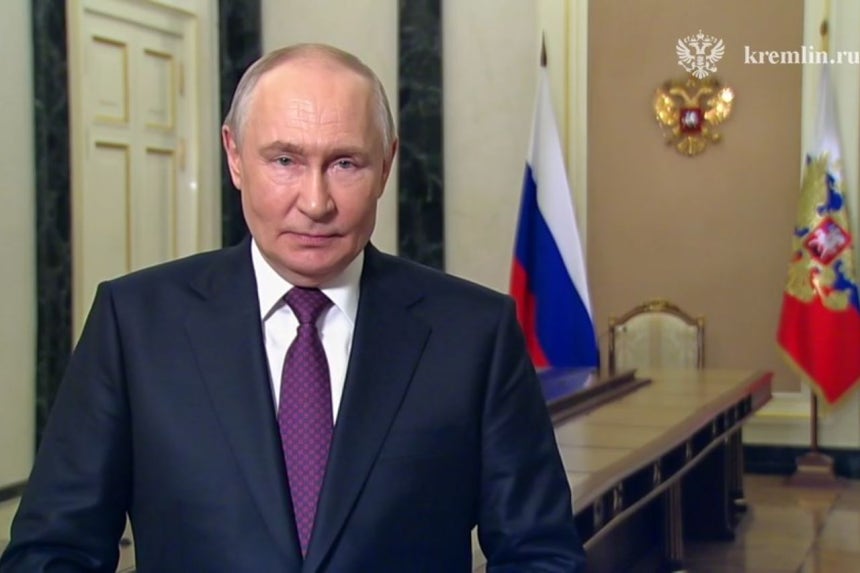 19日、ロシアのウラジーミル・プーチン大統領が中国国賓訪問に先立ち映像メッセージを伝えている。［写真 クレムリン（ロシア大統領府）］
