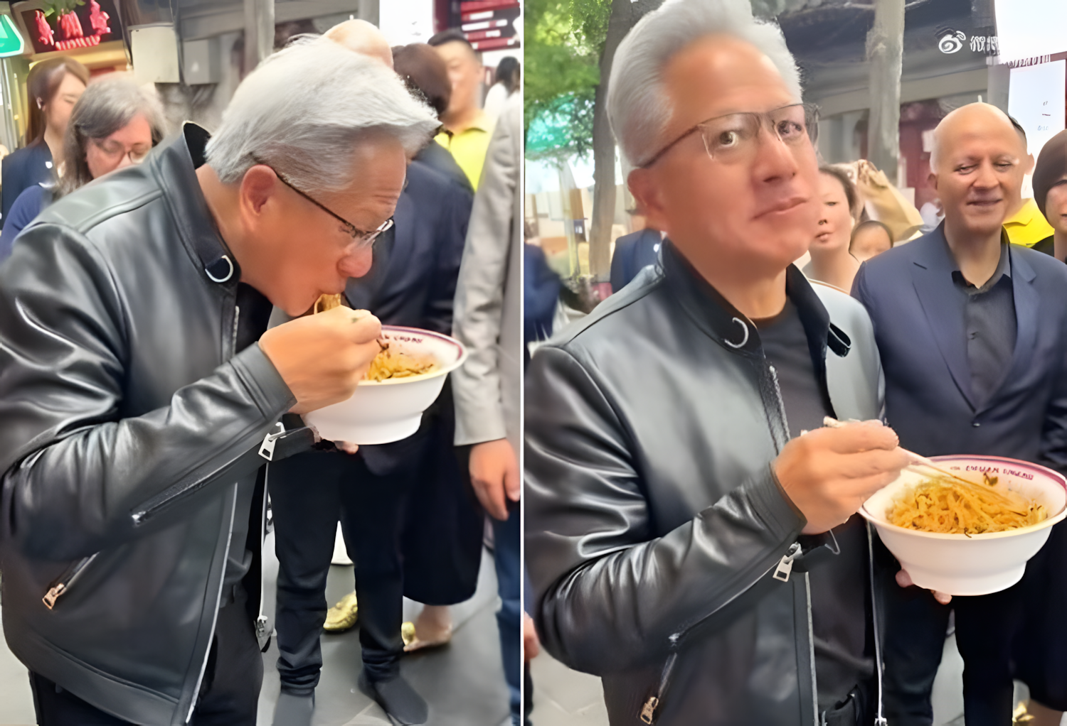 エヌビディアのジェンスン・フアン最高経営責任者（CEO）が、中国・北京のある飲食店前で炒麺を食べている様子。［微博（ウェイボー）キャプチャー］