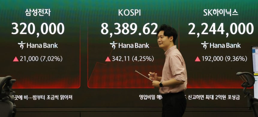 27日、ソウルのハナ銀行ディーリングルームのモニターにKOSPIとサムスン電子、SKハイニックスの株価などが表示されている。［写真 聯合ニュース］