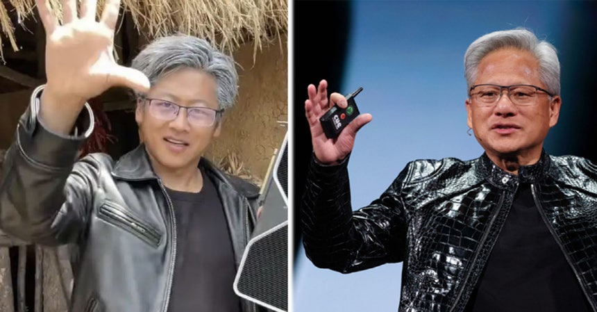   ジェンスン・フアン氏と、彼にならって名前や姿を変えた中国インフルエンサーの黄銀勲。［写真 SNS］