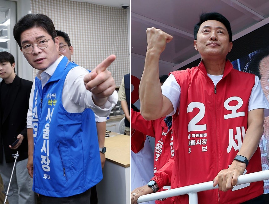 第9回全国同時地方選挙を2日後に控えた1日、ソウル市長に出馬した鄭愿伍（チョン・ウォノ）候補（共に民主党、左）と呉世勲（オ・セフン）候補（国民の力、右）がそれぞれ日程をこなしている。ニュース1